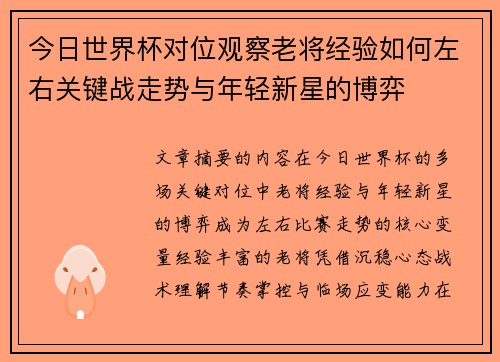 今日世界杯对位观察老将经验如何左右关键战走势与年轻新星的博弈